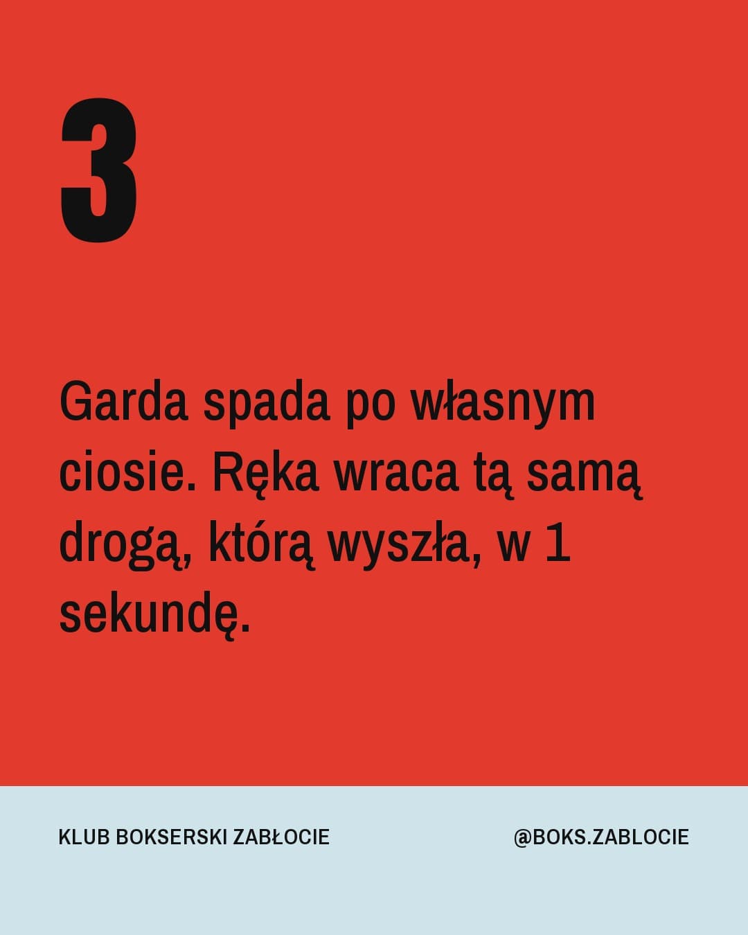 Afisz, karuzela porady, slajd 4 z 5: Garda spada po własnym ciosie. Ręka wraca tą samą drogą, którą wyszła, w 1 sekundę.