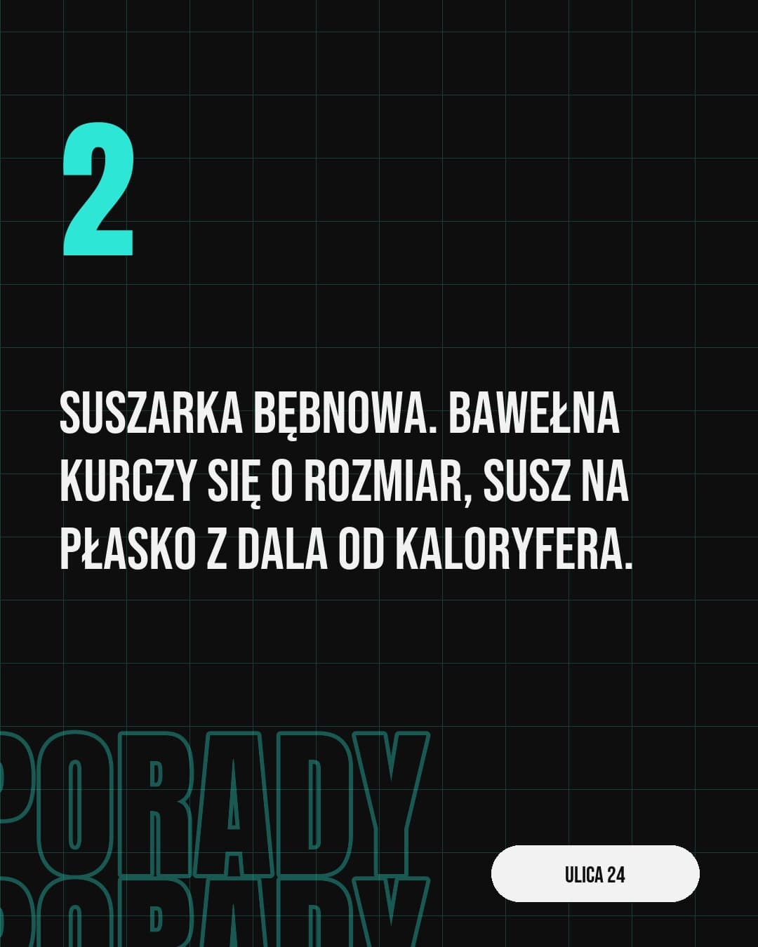 Aquua, karuzela porady, slajd 3 z 5: Suszarka bębnowa. Bawełna kurczy się o rozmiar, susz na płasko z dala od kaloryfera.