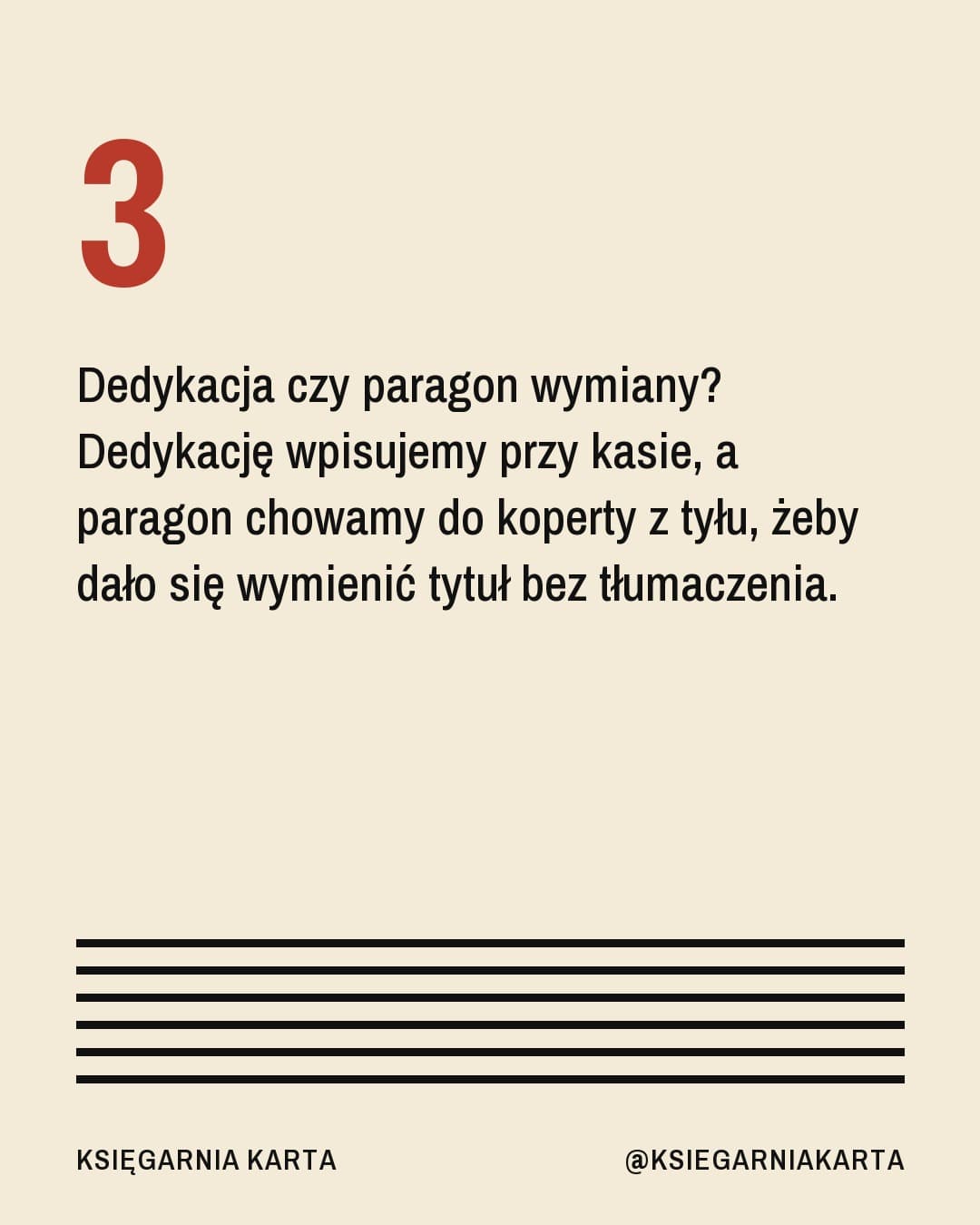 Bauhaus, karuzela porady, slajd 4 z 5: Dedykacja czy paragon wymiany? Dedykację wpisujemy przy kasie, a paragon chowamy do koperty z tyłu, żeby dało się wymienić tytuł bez tłumacz