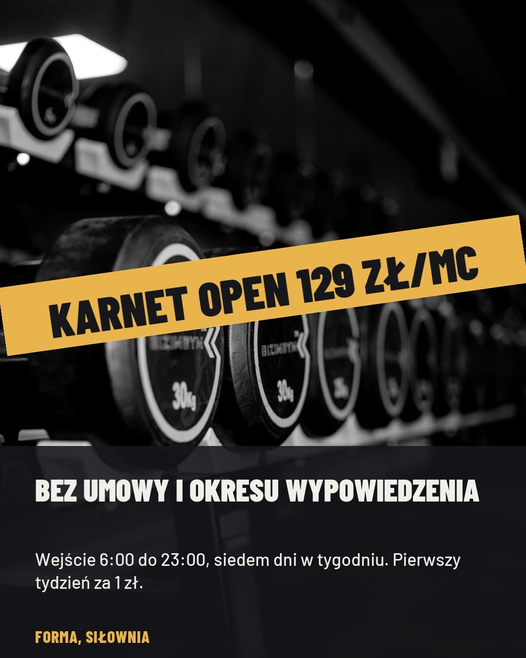 Ciężar, oferta: karnet open 129 zł miesięcznie na skośnym pasie nad czarno-białą siłownią