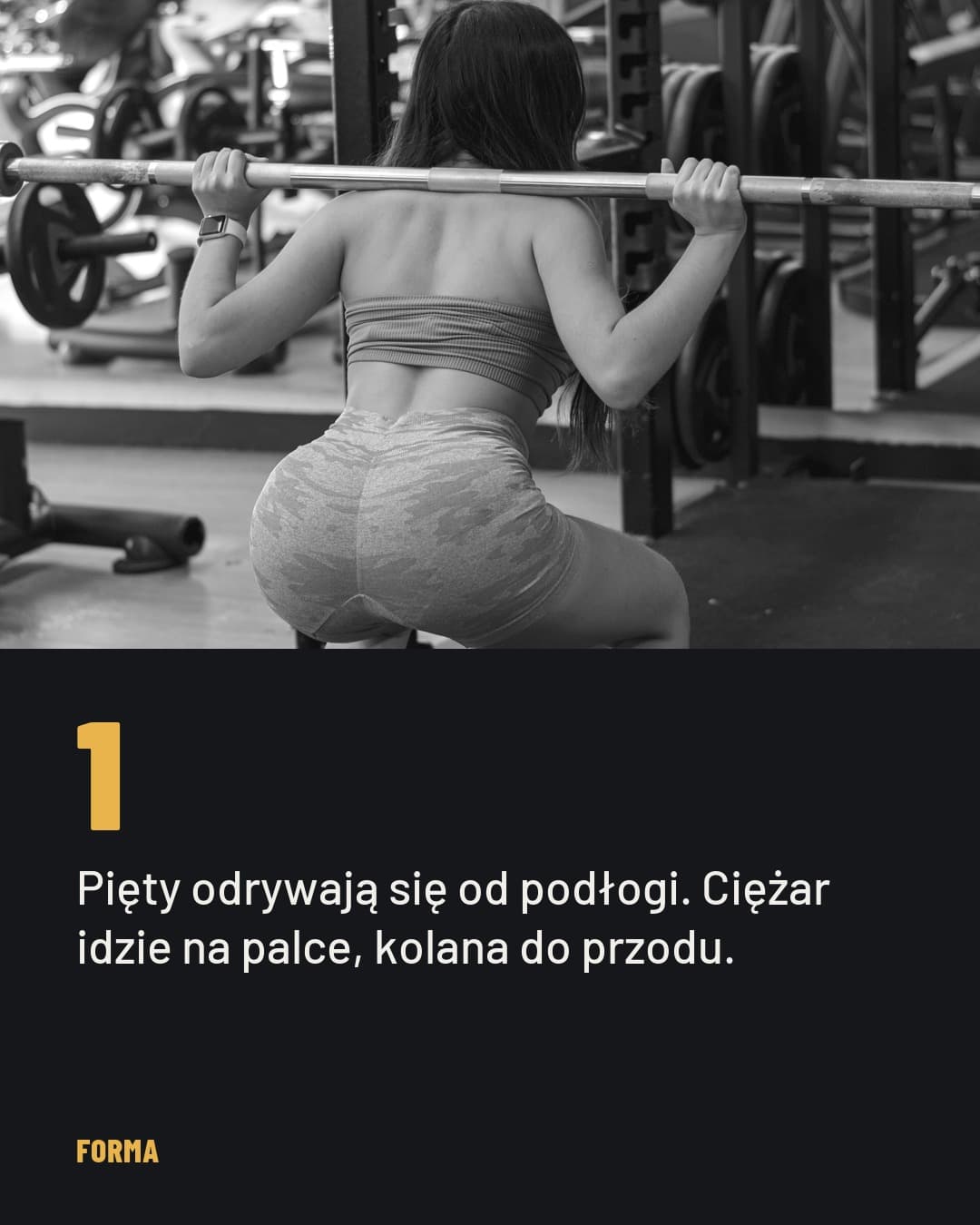 Ciężar, karuzela porady, slajd 2 z 5: Pięty odrywają się od podłogi. Ciężar idzie na palce, kolana do przodu.