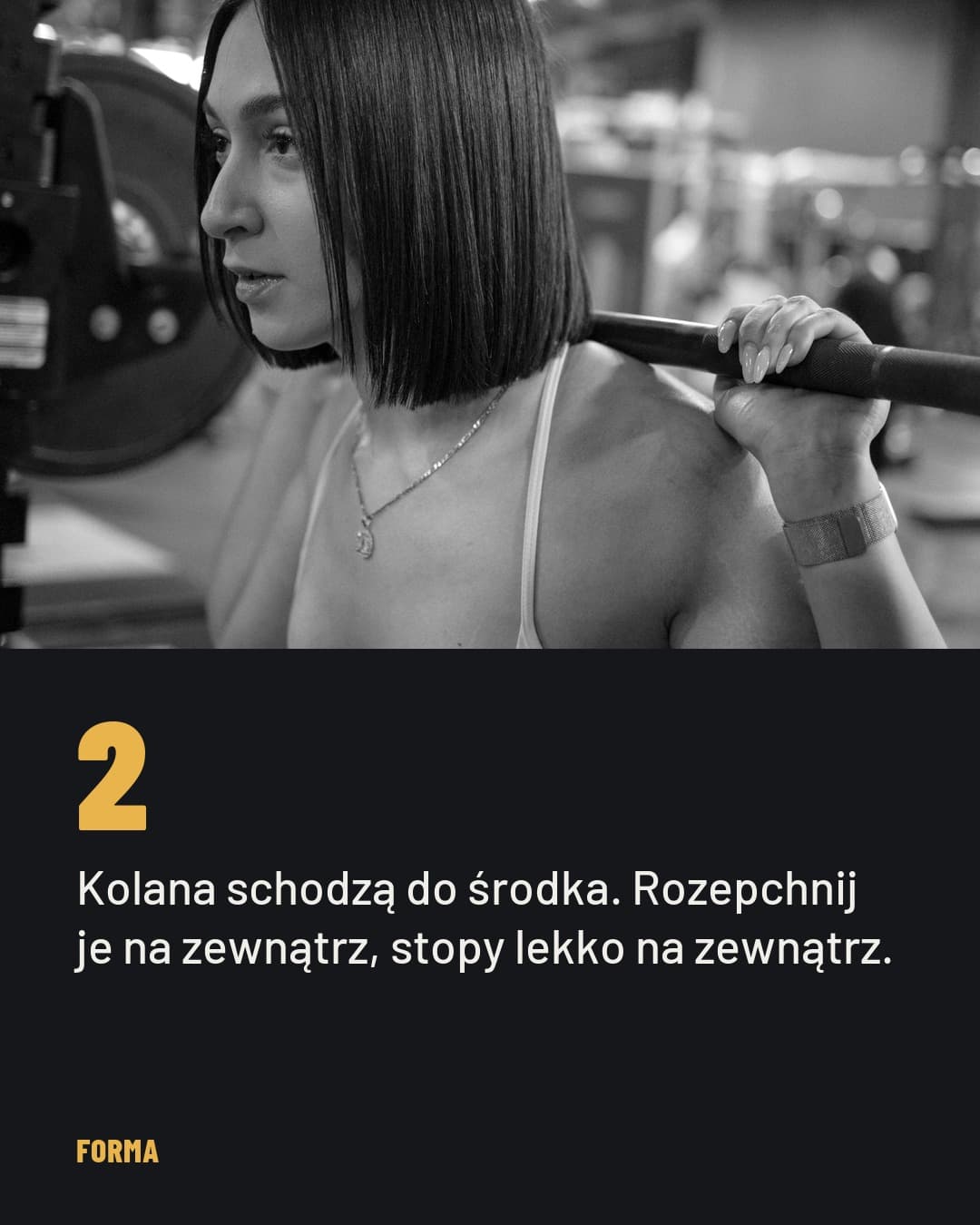 Ciężar, karuzela porady, slajd 3 z 5: Kolana schodzą do środka. Rozepchnij je na zewnątrz, stopy lekko na zewnątrz.