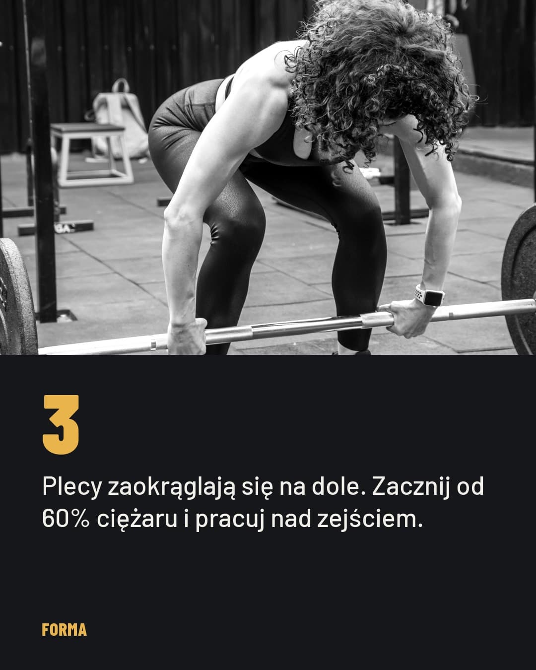 Ciężar, karuzela porady, slajd 4 z 5: Plecy zaokrąglają się na dole. Zacznij od 60% ciężaru i pracuj nad zejściem.