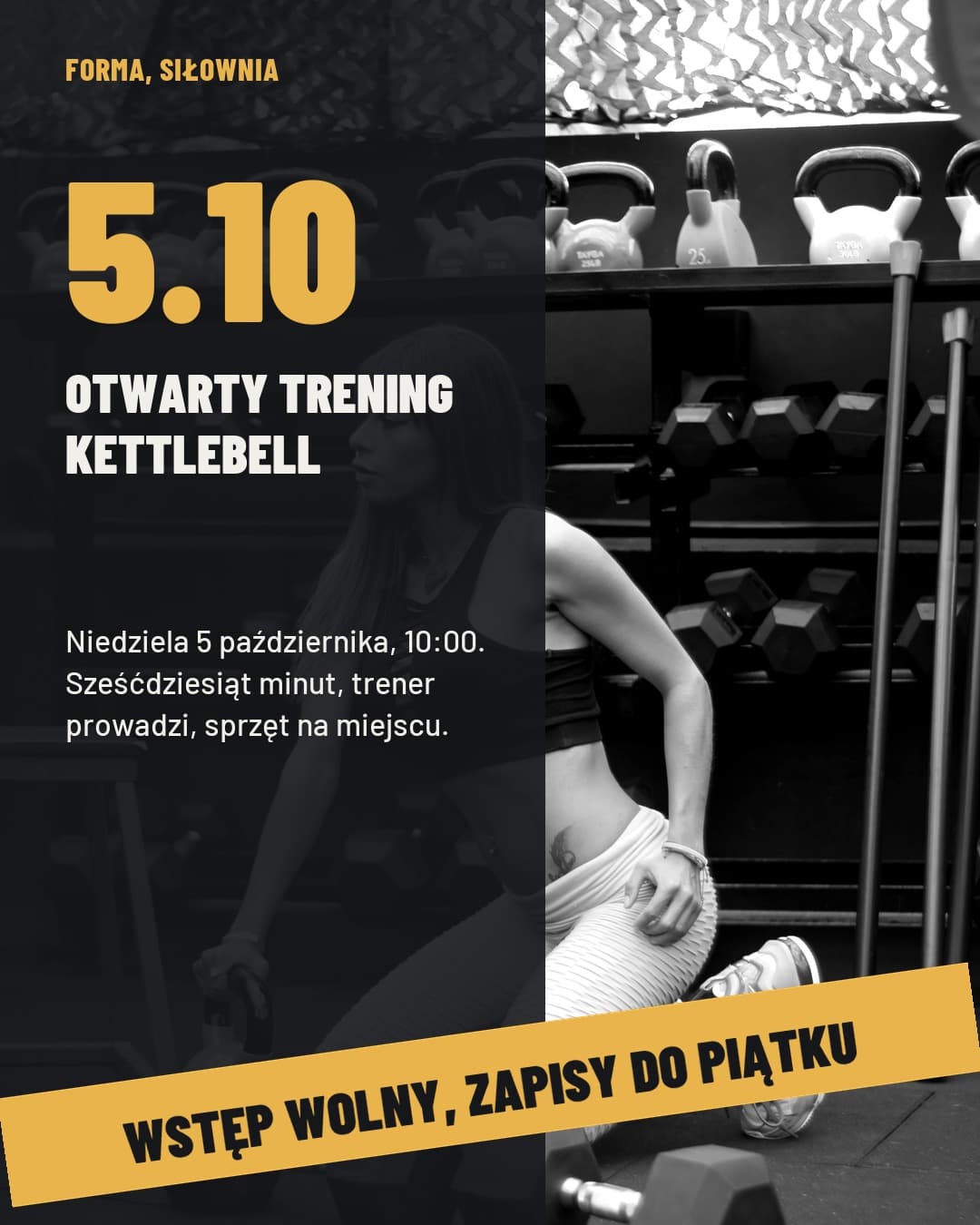 Ciężar, wydarzenie: otwarty trening kettlebell 5.10 z wielką datą na ciemnej płycie