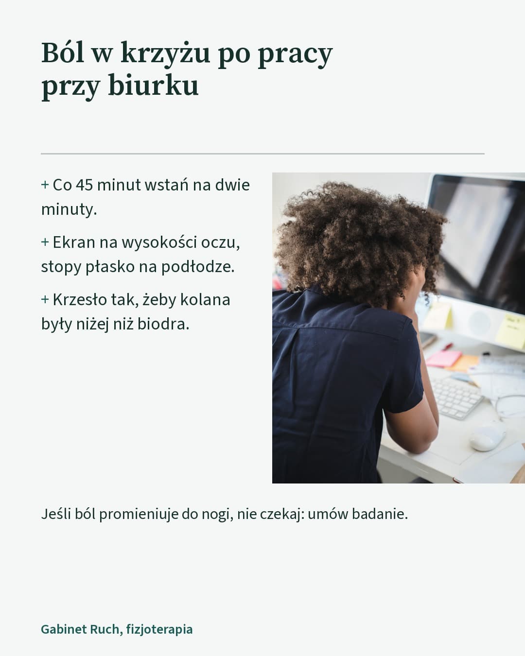 Gabinet, porada: ból w krzyżu po pracy przy biurku, trzy punkty ze znakiem plus obok zdjęcia biurka