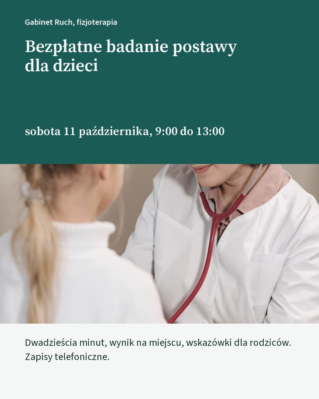 Gabinet, wydarzenie: bezpłatne badanie postawy dla dzieci na morskiej płycie nad zdjęciem pediatrycznym