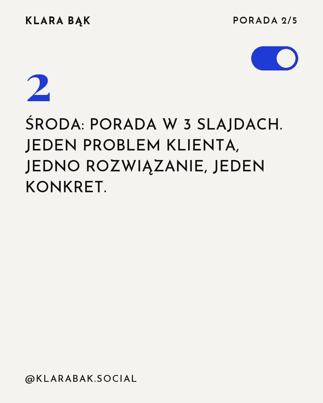 Kobalt, karuzela porady, slajd 3 z 5: Środa: porada w 3 slajdach. Jeden problem klienta, jedno rozwiązanie, jeden konkret.