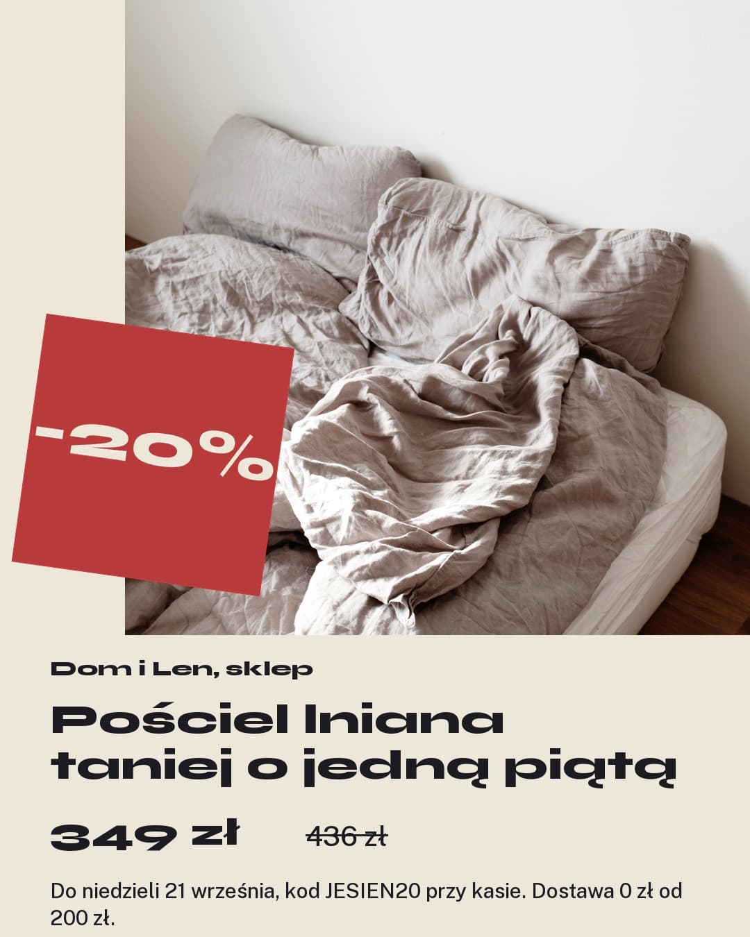 Koszyk, oferta: pościel lniana taniej o 20 procent z przekrzywioną czerwoną naklejką nad zdjęciem łóżka