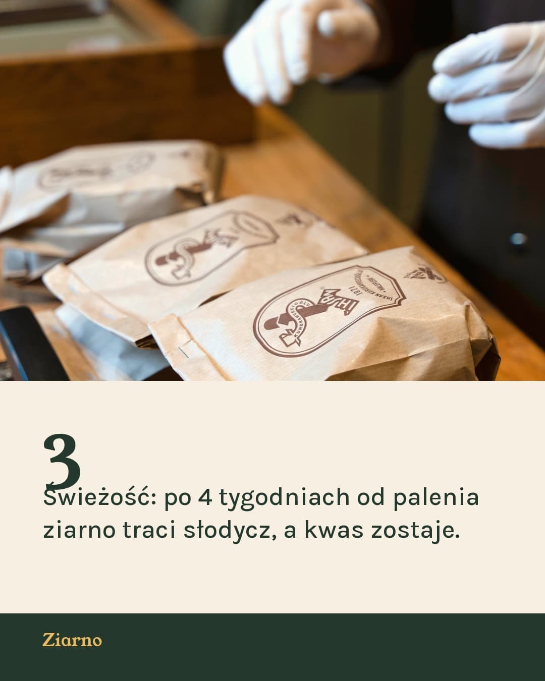 Kredens, karuzela porady, slajd 4 z 5: Świeżość: po 4 tygodniach od palenia ziarno traci słodycz, a kwas zostaje.