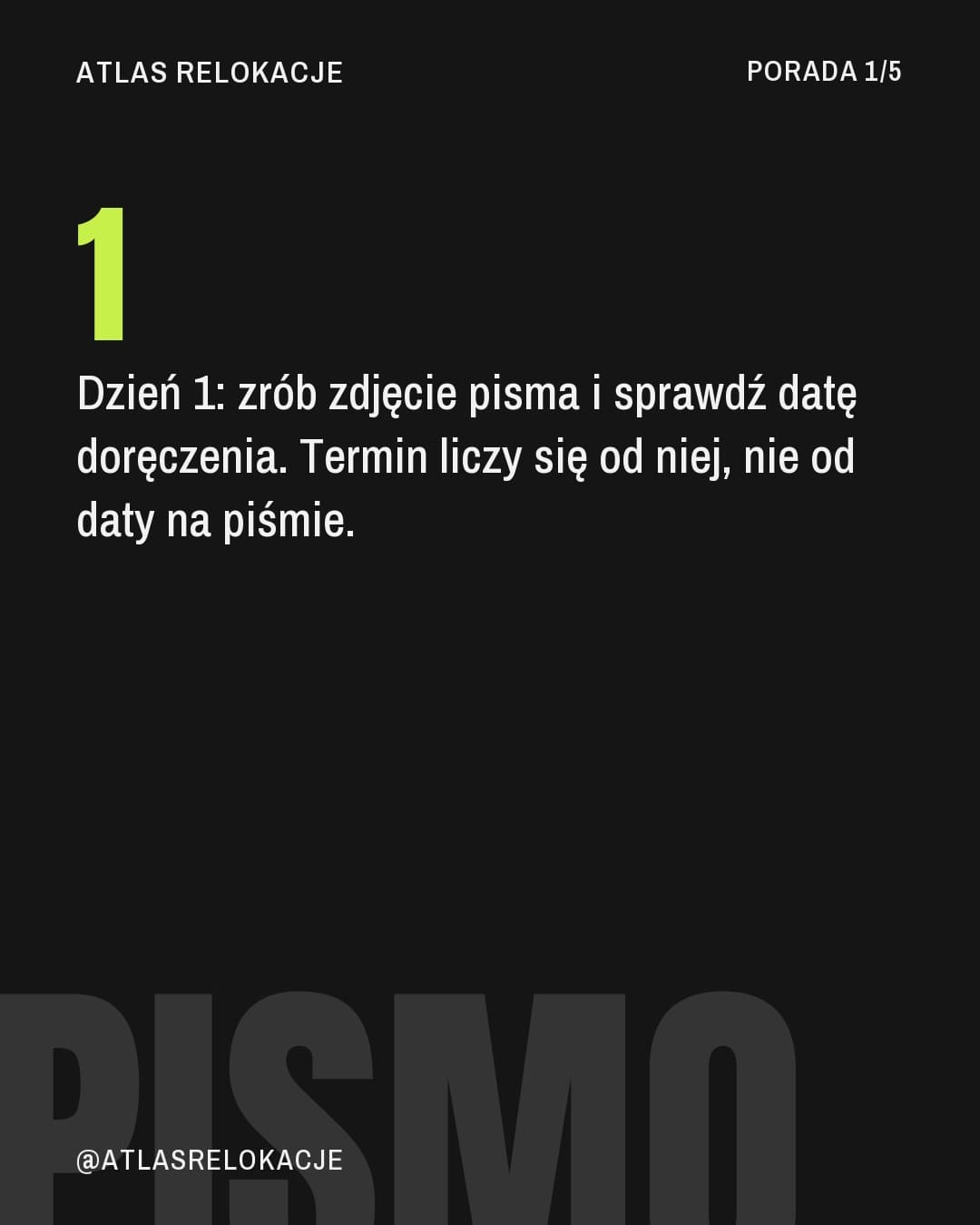 Neon, karuzela porady, slajd 2 z 5: Dzień 1: zrób zdjęcie pisma i sprawdź datę doręczenia. Termin liczy się od niej, nie od daty na piśmie.