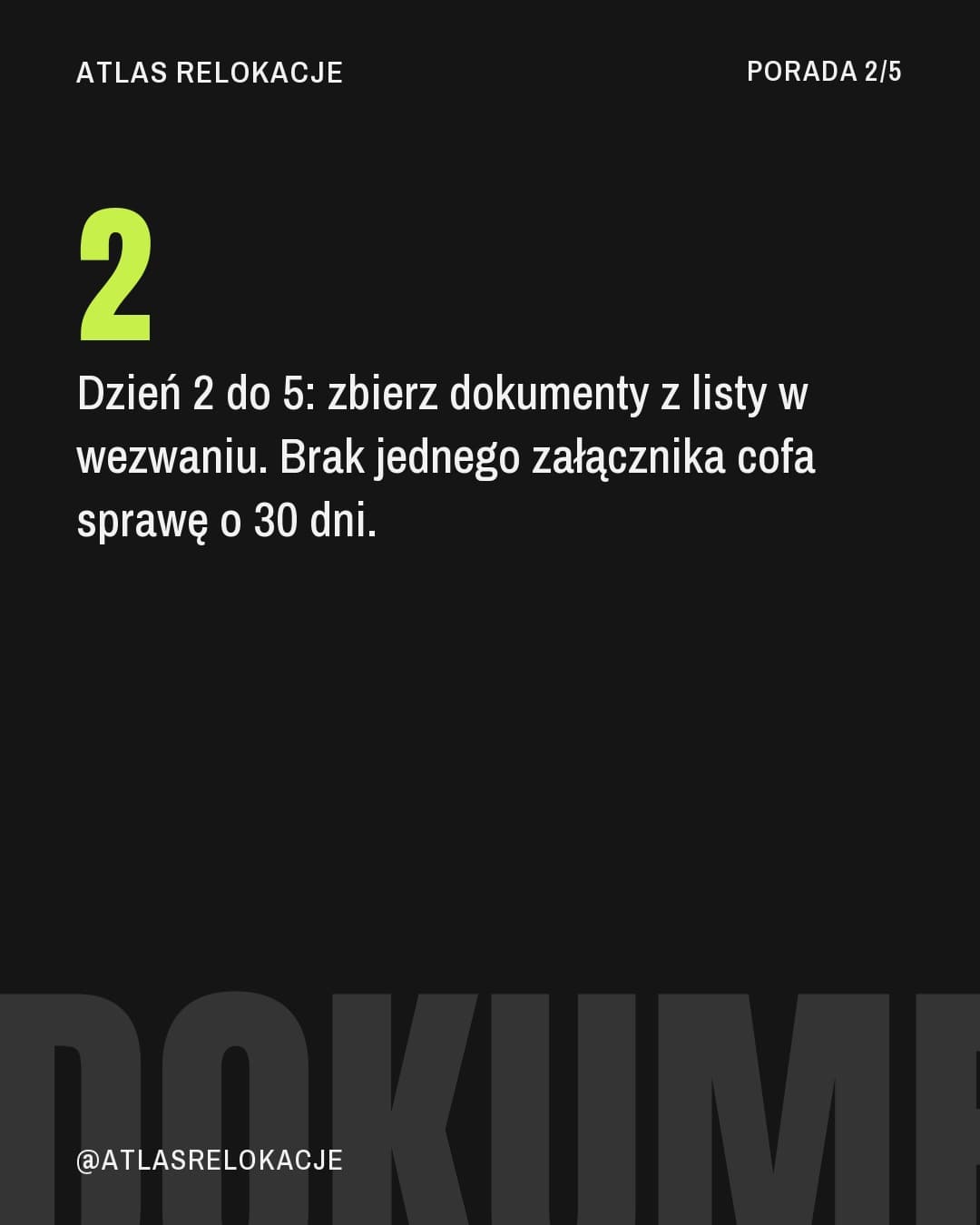 Neon, karuzela porady, slajd 3 z 5: Dzień 2 do 5: zbierz dokumenty z listy w wezwaniu. Brak jednego załącznika cofa sprawę o 30 dni.