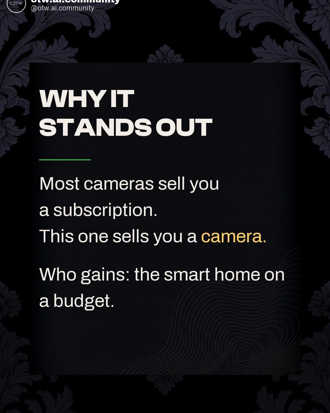 OTW, karuzela porady, slajd 5 z 7: A 50-dollar security camera with no subscription