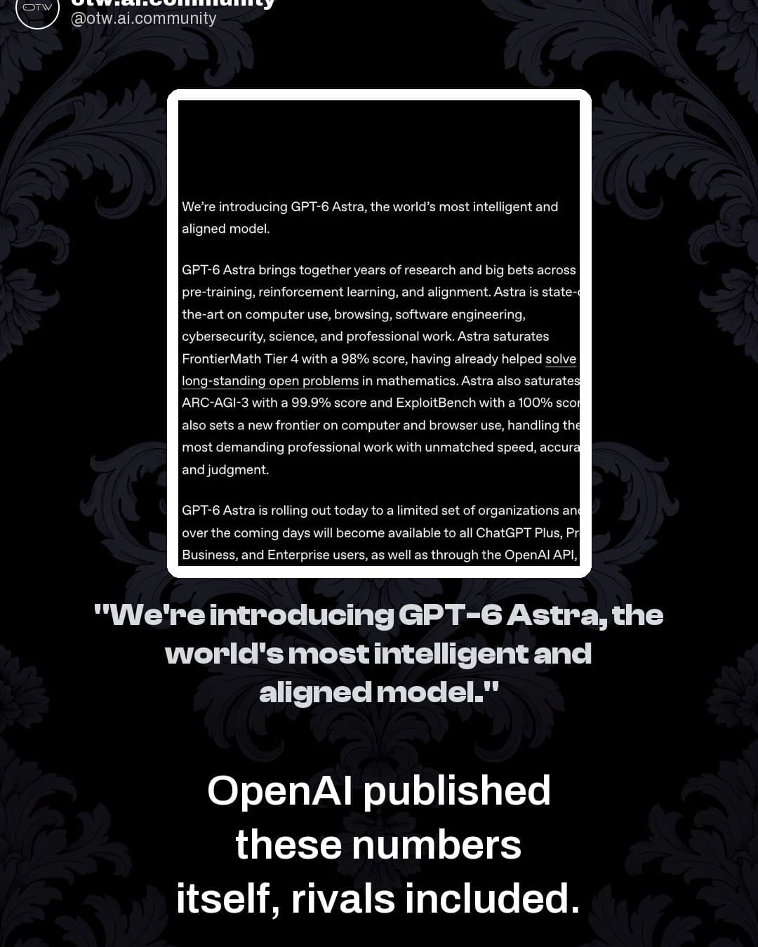 OTW, karuzela porady, slajd 2 z 7: Where GPT-6 Astra actually beats Claude, from OpenAI's own launch table