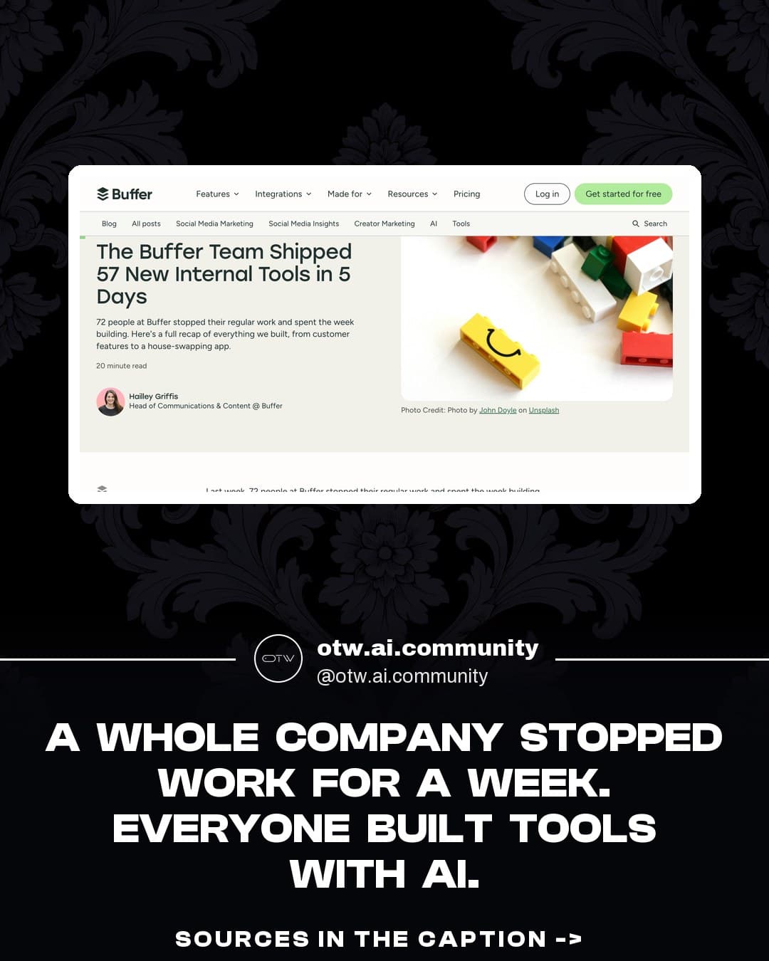 OTW, karuzela porady, slajd 1 z 7: Buffer shipped 57 internal tools in one week with AI
