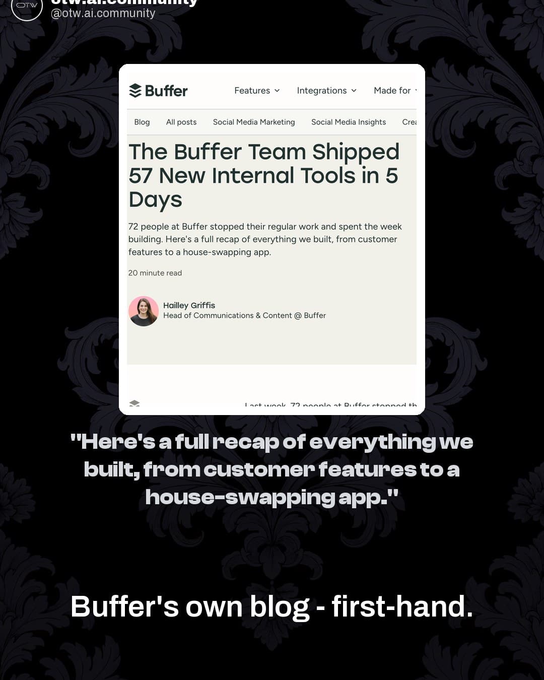 OTW, karuzela porady, slajd 2 z 7: Buffer shipped 57 internal tools in one week with AI
