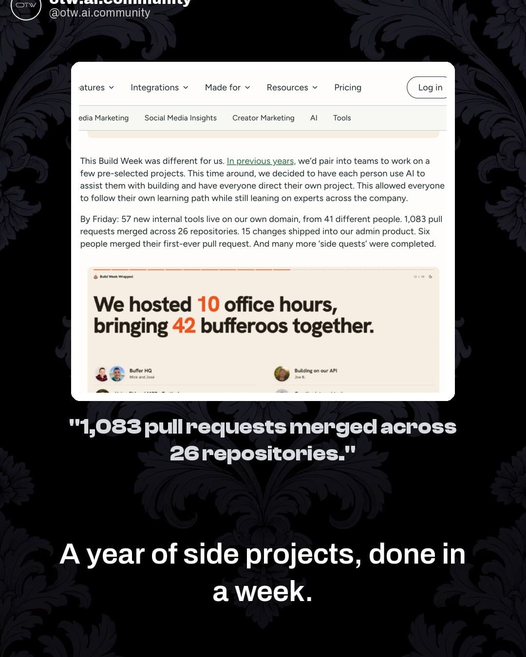 OTW, karuzela porady, slajd 3 z 7: Buffer shipped 57 internal tools in one week with AI