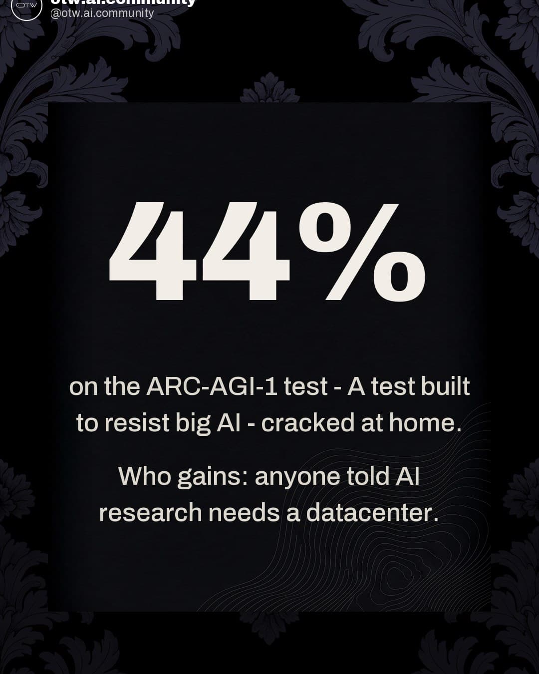 OTW, karuzela porady, slajd 4 z 7: 44% on ARC-AGI-1 for 67 cents of compute