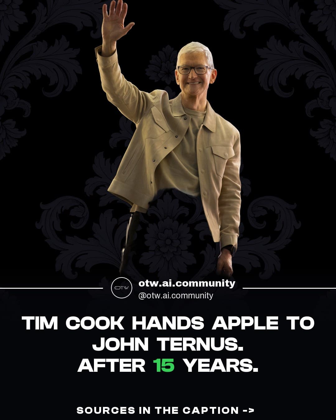 OTW, karuzela porady, slajd 1 z 7: John Ternus takes over Apple after Tim Cook's 15 years