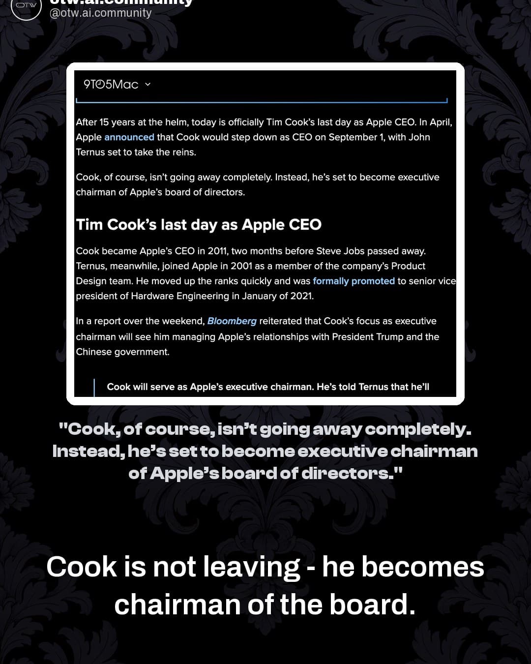 OTW, karuzela porady, slajd 2 z 7: John Ternus takes over Apple after Tim Cook's 15 years