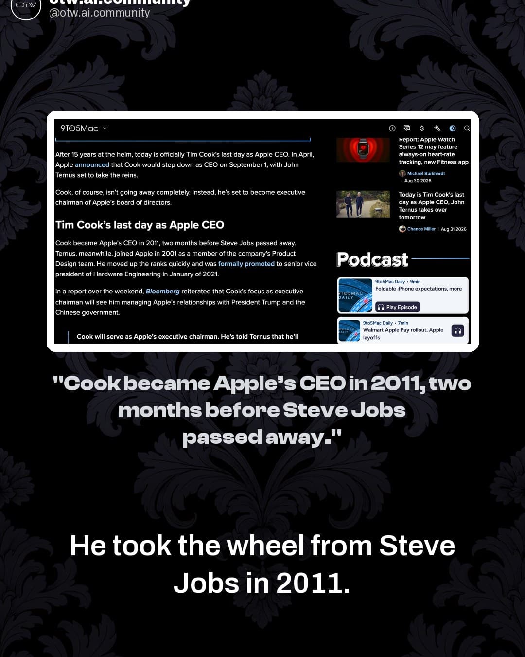 OTW, karuzela porady, slajd 3 z 7: John Ternus takes over Apple after Tim Cook's 15 years