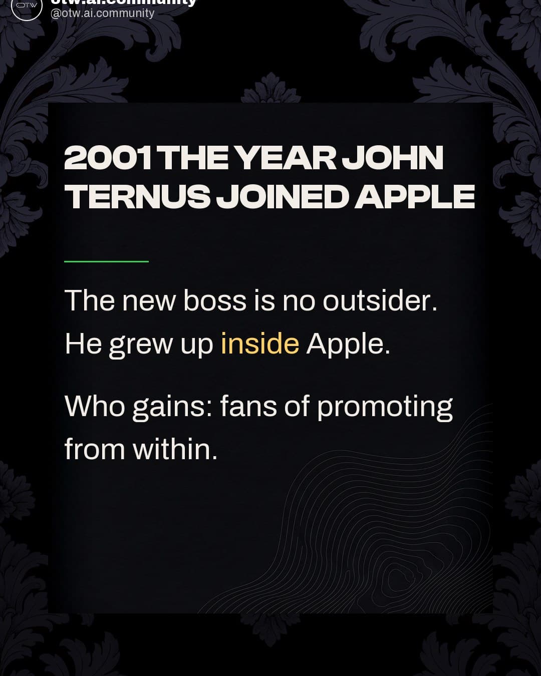 OTW, karuzela porady, slajd 5 z 7: John Ternus takes over Apple after Tim Cook's 15 years