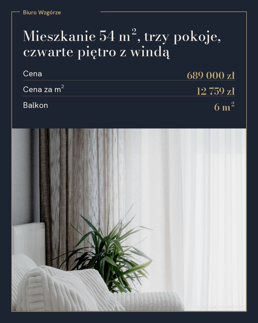 Parcela, oferta: mieszkanie 54 m kw. z ledgerem cen nad zdjęciem salonu w ramce