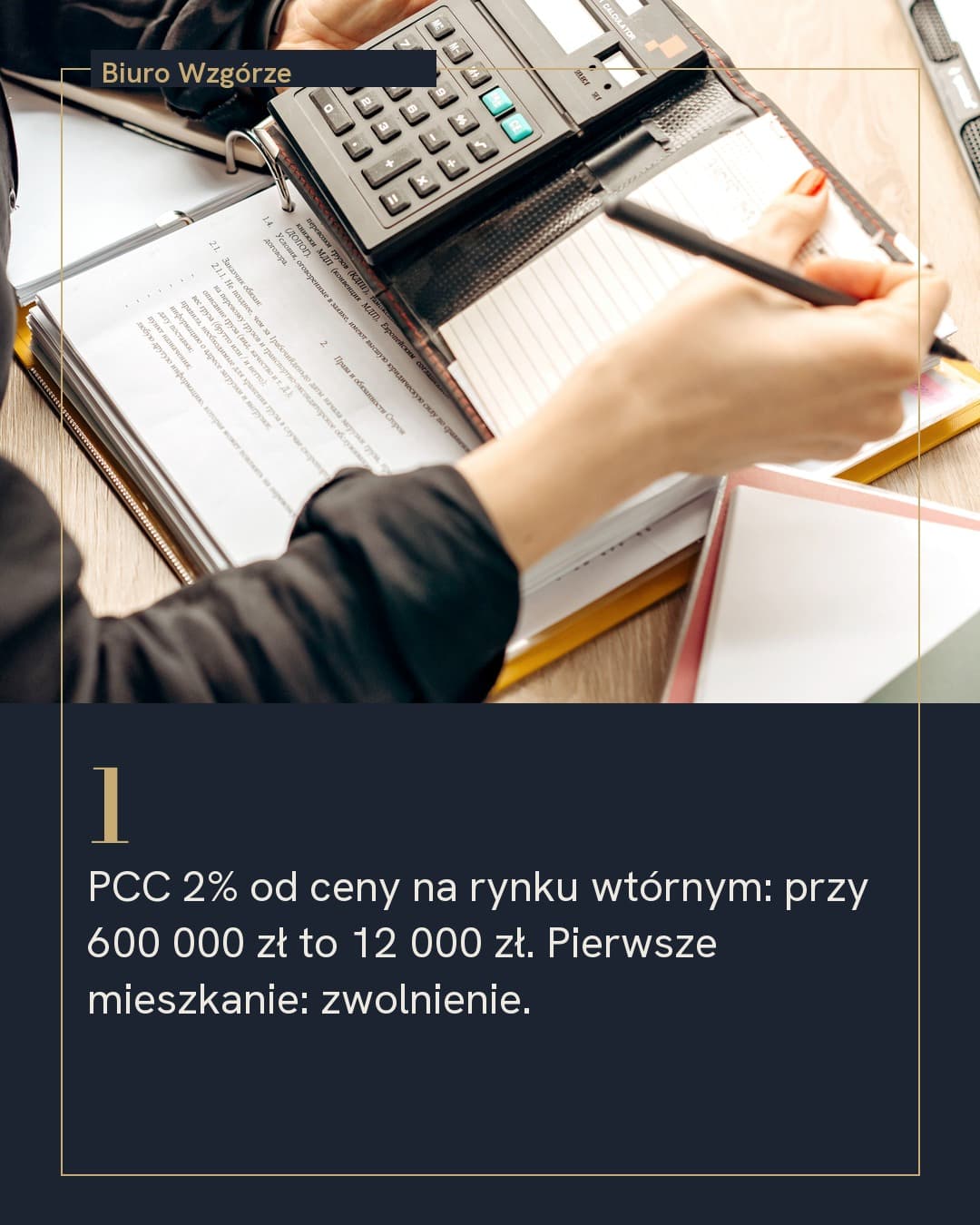 Parcela, karuzela porady, slajd 2 z 5: PCC 2% od ceny na rynku wtórnym: przy 600 000 zł to 12 000 zł. Pierwsze mieszkanie: zwolnienie.