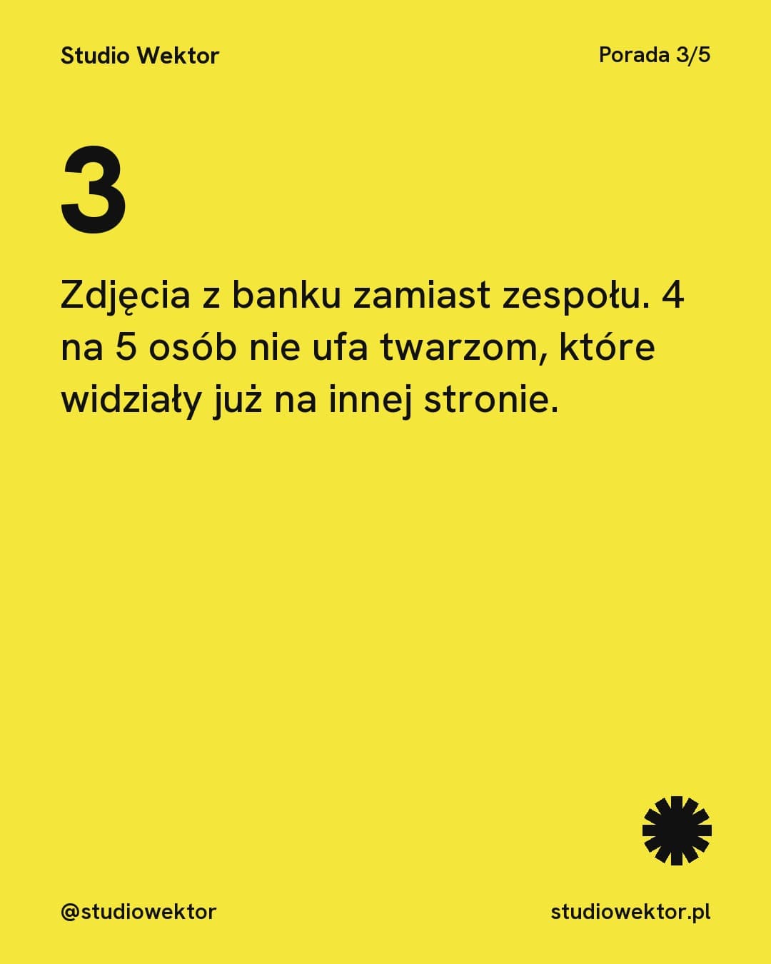 Pixel, karuzela porady, slajd 4 z 5: Zdjęcia z banku zamiast zespołu. 4 na 5 osób nie ufa twarzom, które widziały już na innej stronie.