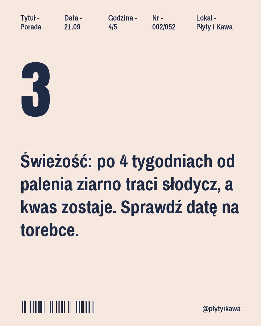Retro, karuzela porady, slajd 4 z 5: Świeżość: po 4 tygodniach od palenia ziarno traci słodycz, a kwas zostaje. Sprawdź datę na torebce.