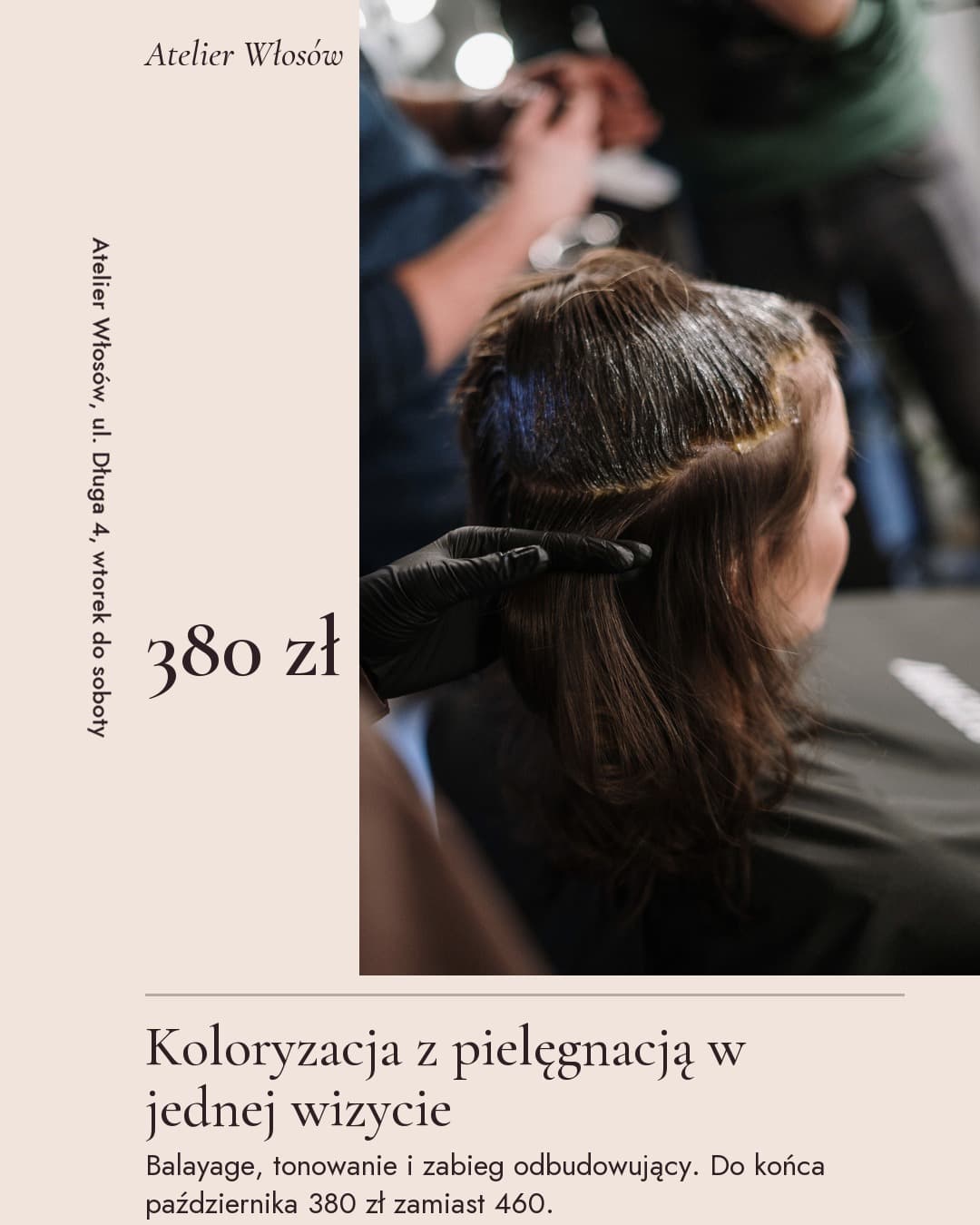 Salon, oferta: koloryzacja z pielęgnacją za 380 zł, zdjęcie stylistki nakładającej kolor