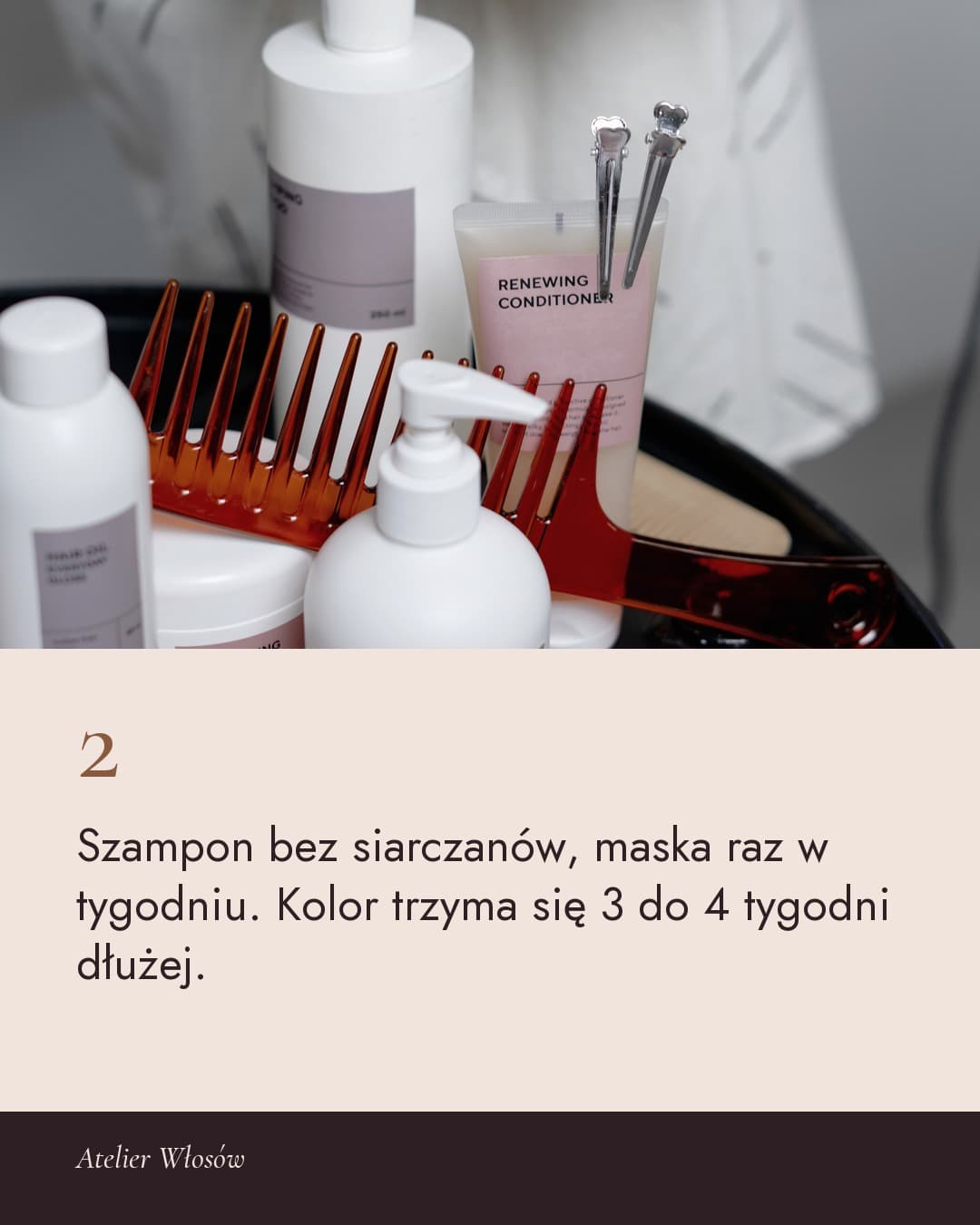 Salon, karuzela porady, slajd 3 z 5: Szampon bez siarczanów, maska raz w tygodniu. Kolor trzyma się 3 do 4 tygodni dłużej.