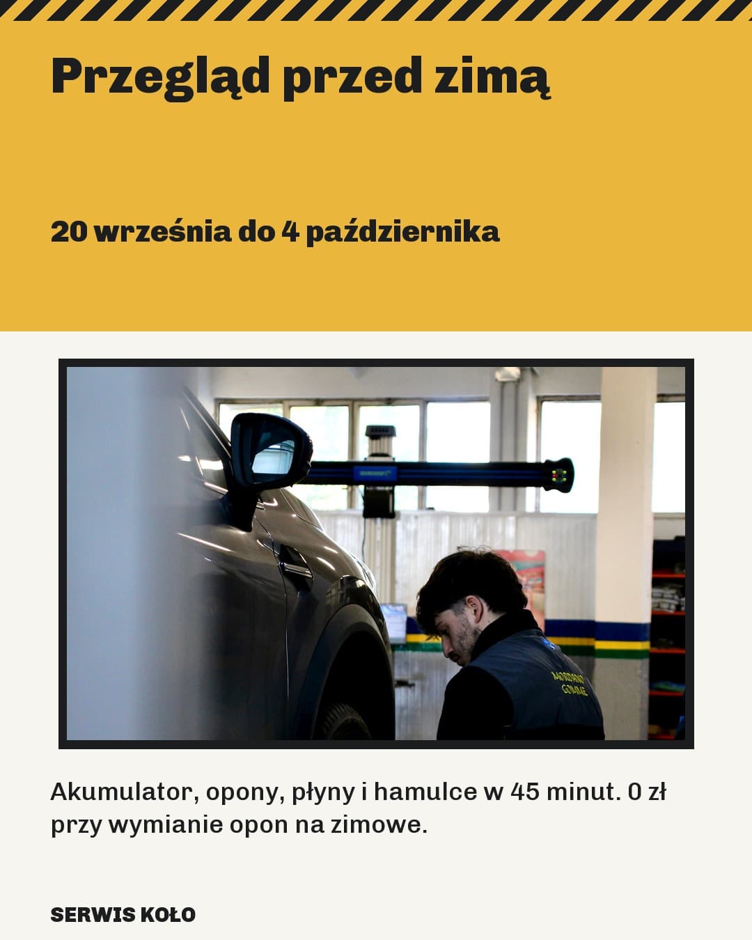 Warsztat, wydarzenie: przegląd przed zimą na żółtej płycie nad zdjęciem warsztatu w ramce