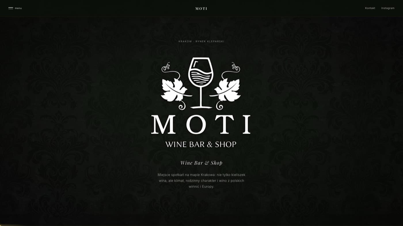 Moti Wine Bar & Shop - Strona winiarni na Astro: bar, sklep, wycieczki po winnicach i Wine Bus pod jednym adresem, plus formularz kontaktowy.