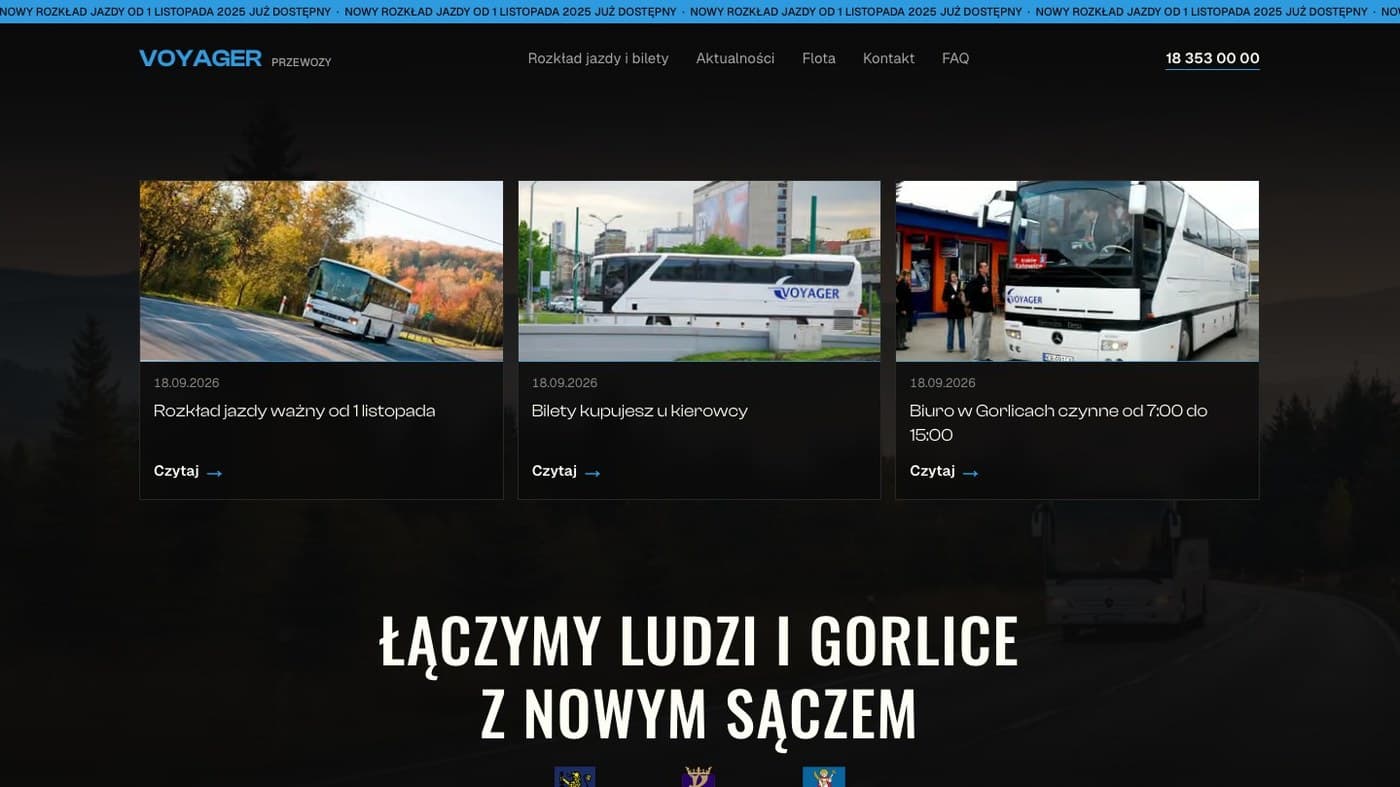 Voyager Przewozy - Strona przewoźnika: cztery rozdziały, rozkład jazdy, mapa linii z przystankami, rozkład do pobrania w PDF i wideo w trzech rozmiarach zależnie od ekranu.