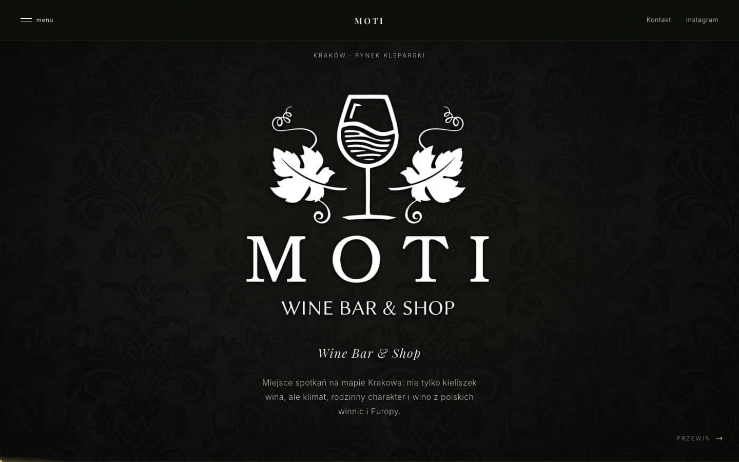 Moti Wine Bar & Shop - Strona winiarni na Astro: bar, sklep, wycieczki po winnicach i Wine Bus pod jednym adresem, plus formularz kontaktowy.