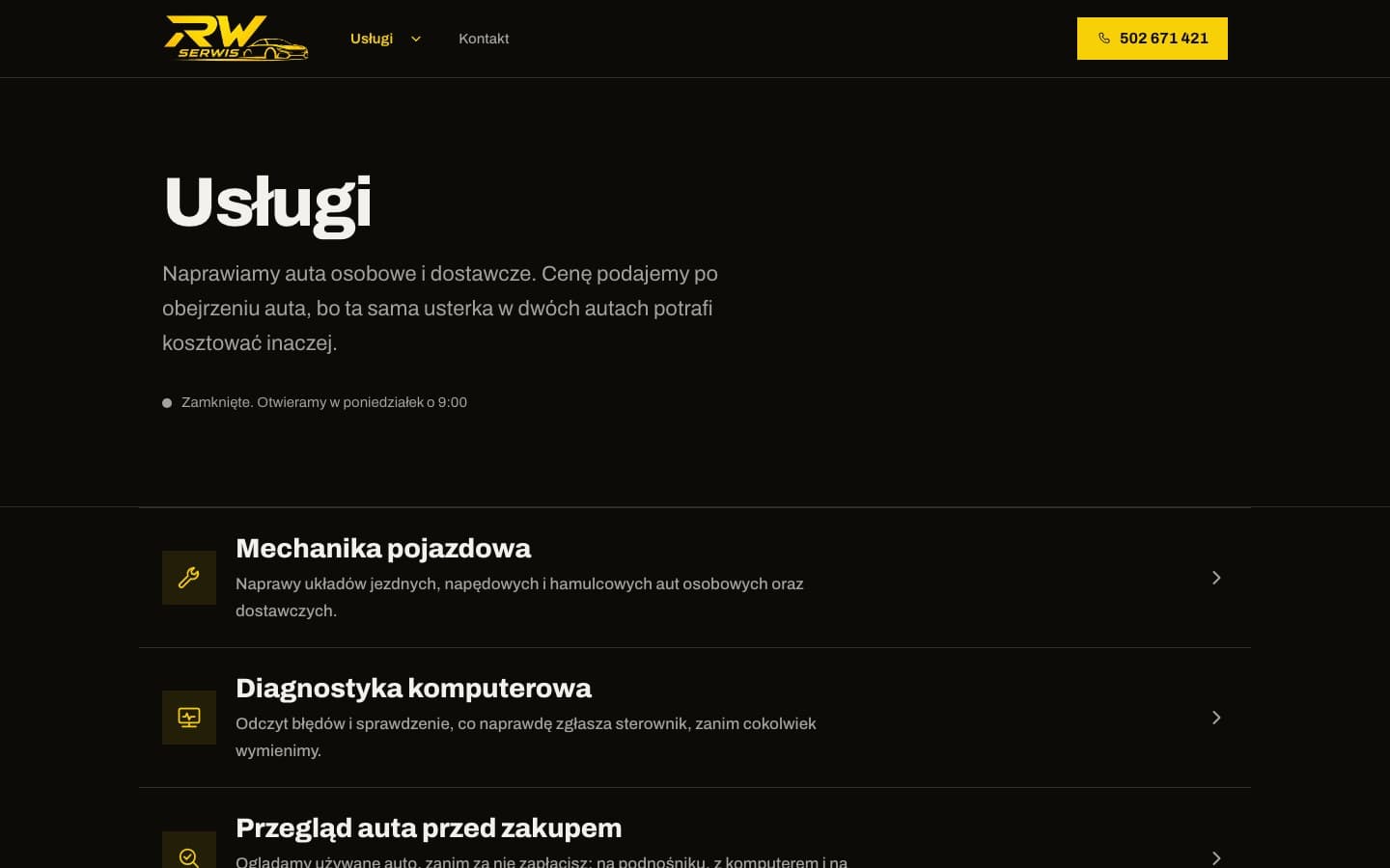 RW Serwis - Usługi warsztatu, każda z własną podstroną