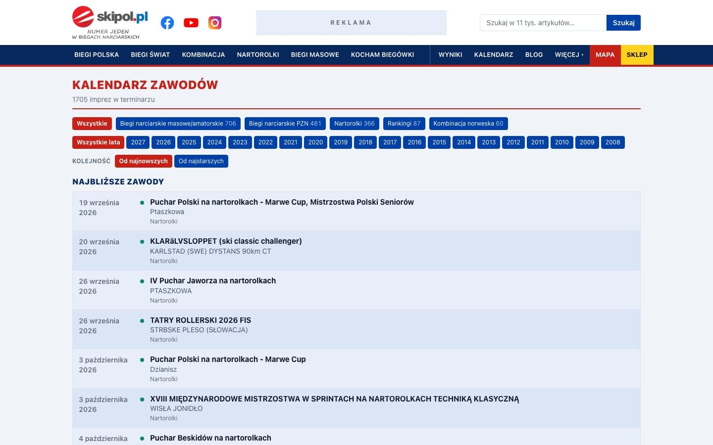 skipol.pl - Kalendarz zawodów z filtrami dyscyplin i lat