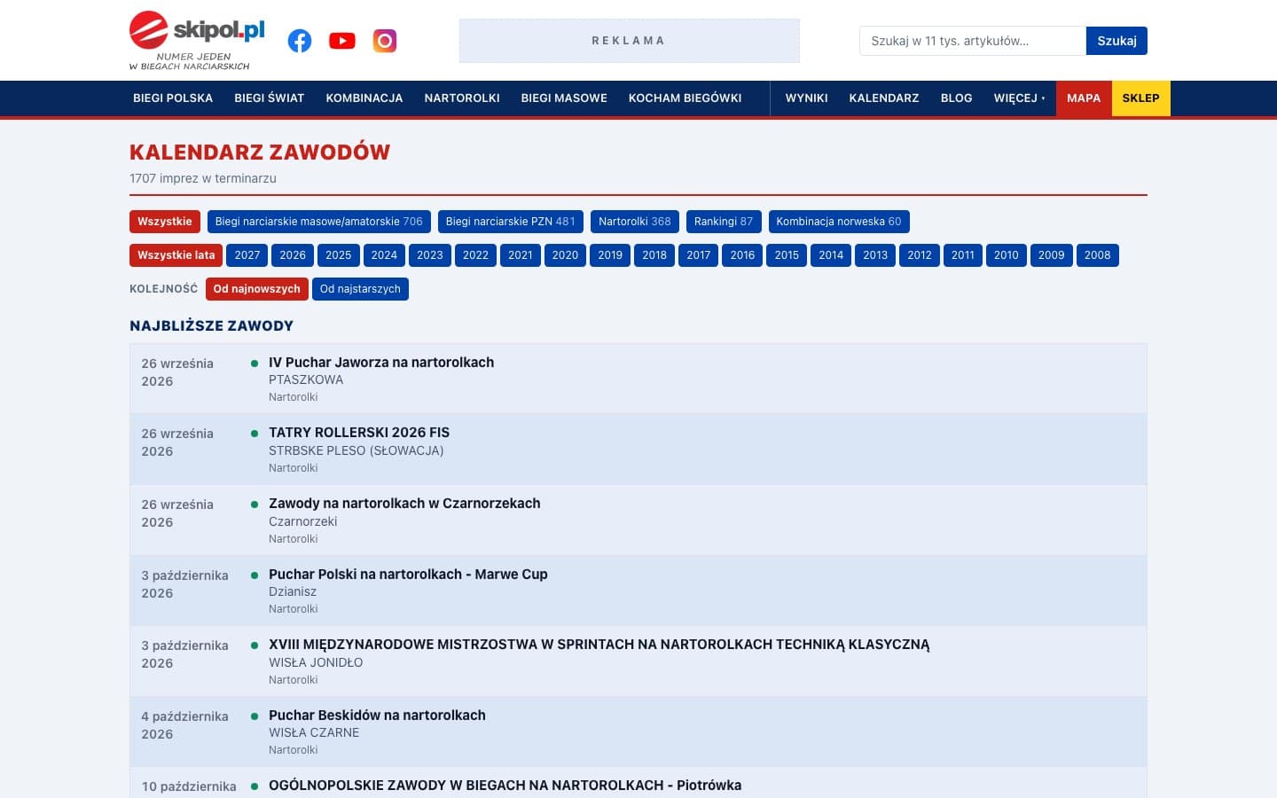 skipol.pl - Kalendarz zawodów z filtrami dyscyplin i lat