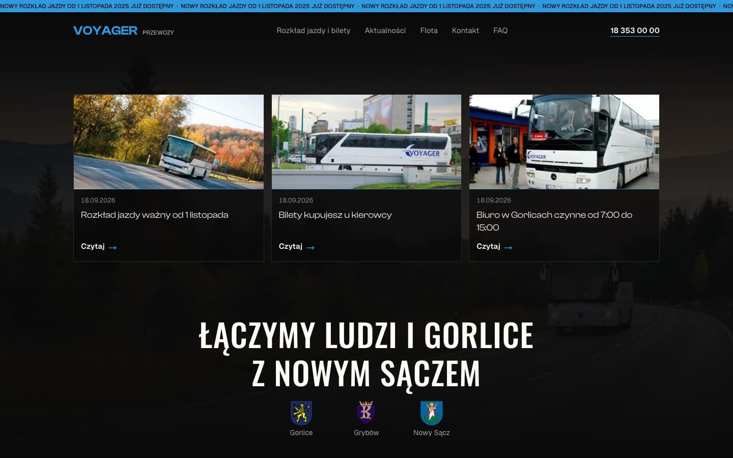 Voyager Przewozy - Strona przewoźnika: cztery rozdziały, rozkład jazdy, mapa linii z przystankami, rozkład do pobrania w PDF i wideo w trzech rozmiarach zależnie od ekranu.