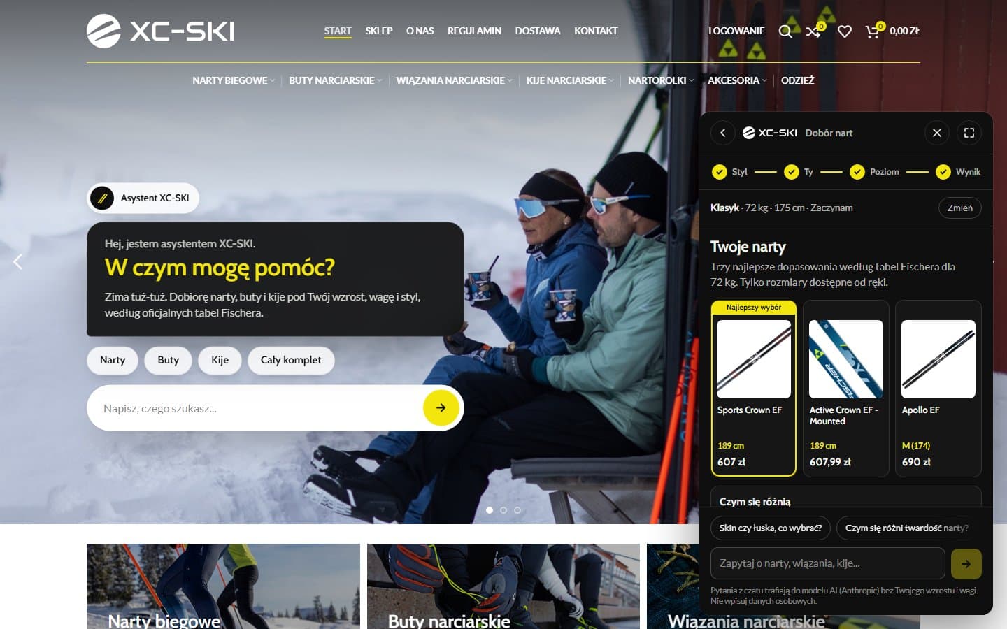 xc-ski.pl - Sklep WooCommerce z asystentem AI, który dobiera klientowi narty pod wzrost, wagę i styl według tabel Fischera, plus 836 wariantów na sezon 26/27.