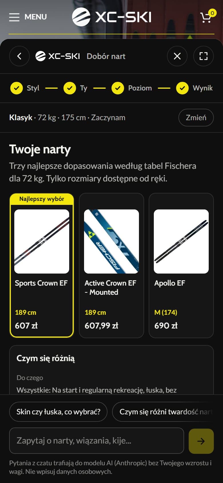 xc-ski.pl - Asystent na telefonie: trzy narty dobrane pod wagę klienta