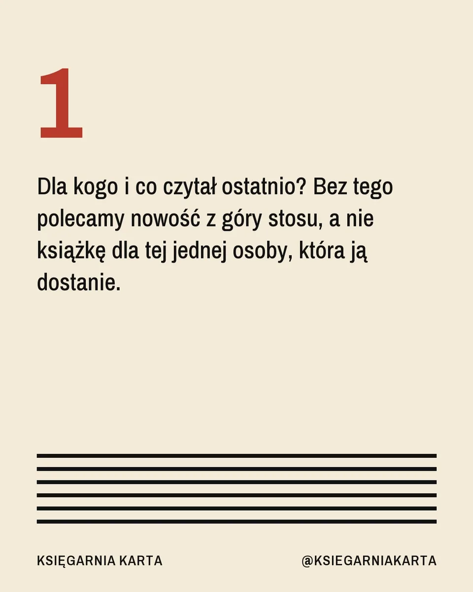 Modernizm, karuzela porady, slajd 2 z 5: Dla kogo i co czytał ostatnio? Bez tego polecamy nowość z góry stosu, a nie książkę dla tej jednej osoby, która ją dostanie.