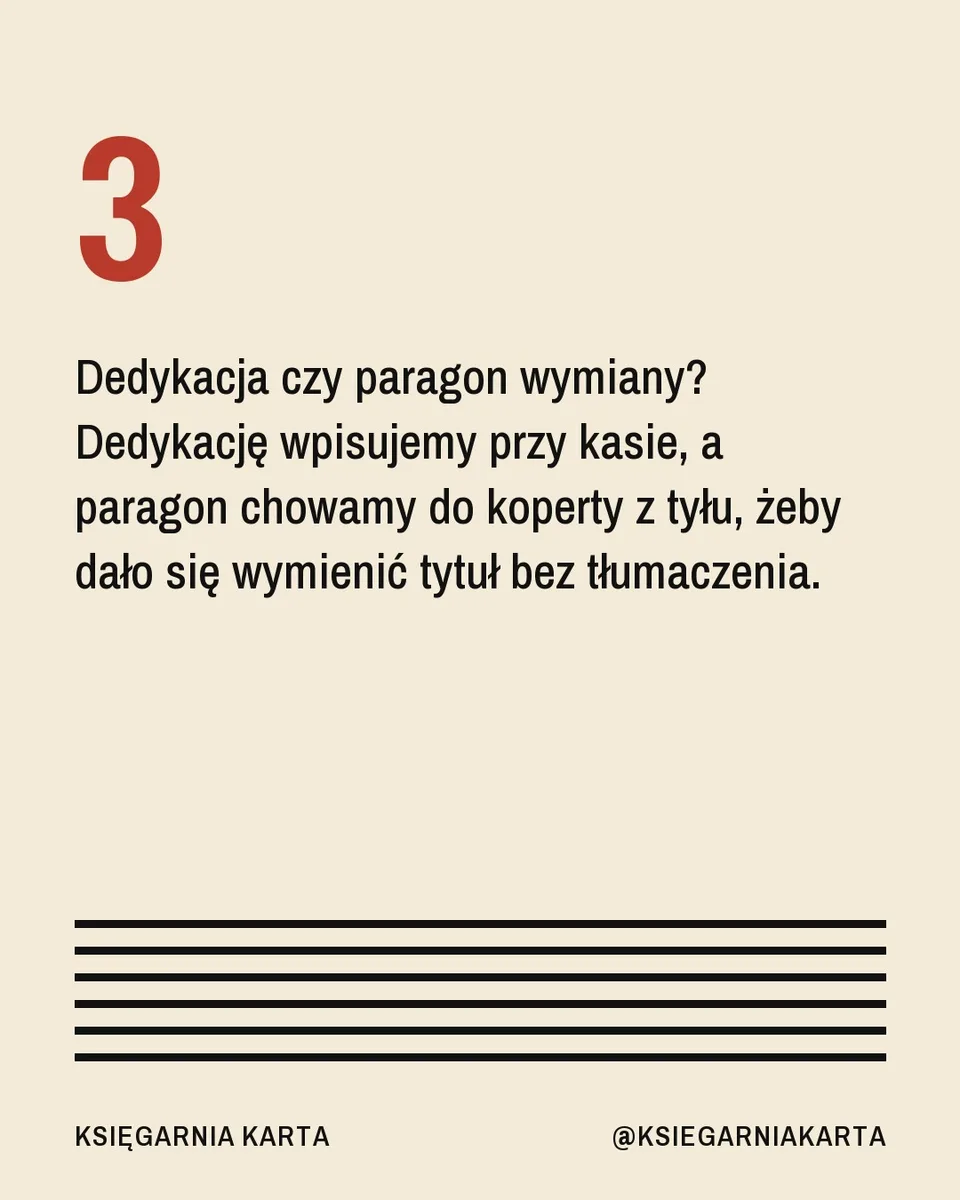 Modernizm, karuzela porady, slajd 4 z 5: Dedykacja czy paragon wymiany? Dedykację wpisujemy przy kasie, a paragon chowamy do koperty z tyłu, żeby dało się wymienić tytuł bez tłumacz