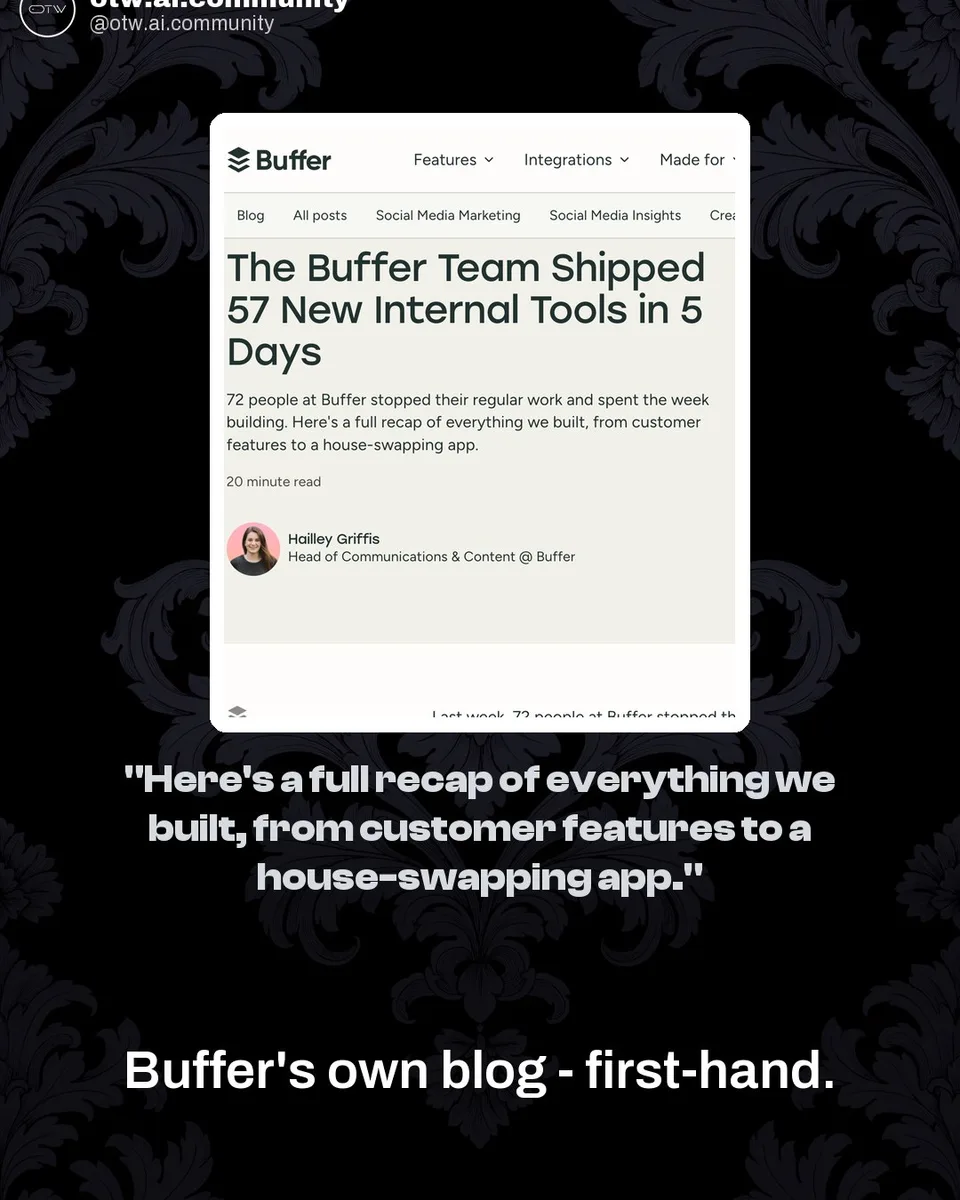 OTW, karuzela porady, slajd 2 z 7: Buffer shipped 57 internal tools in one week with AI