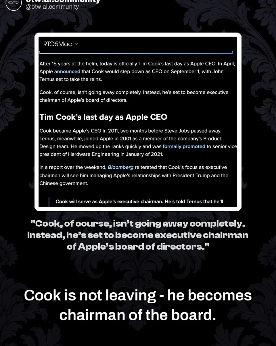 OTW, karuzela porady, slajd 2 z 7: John Ternus takes over Apple after Tim Cook's 15 years