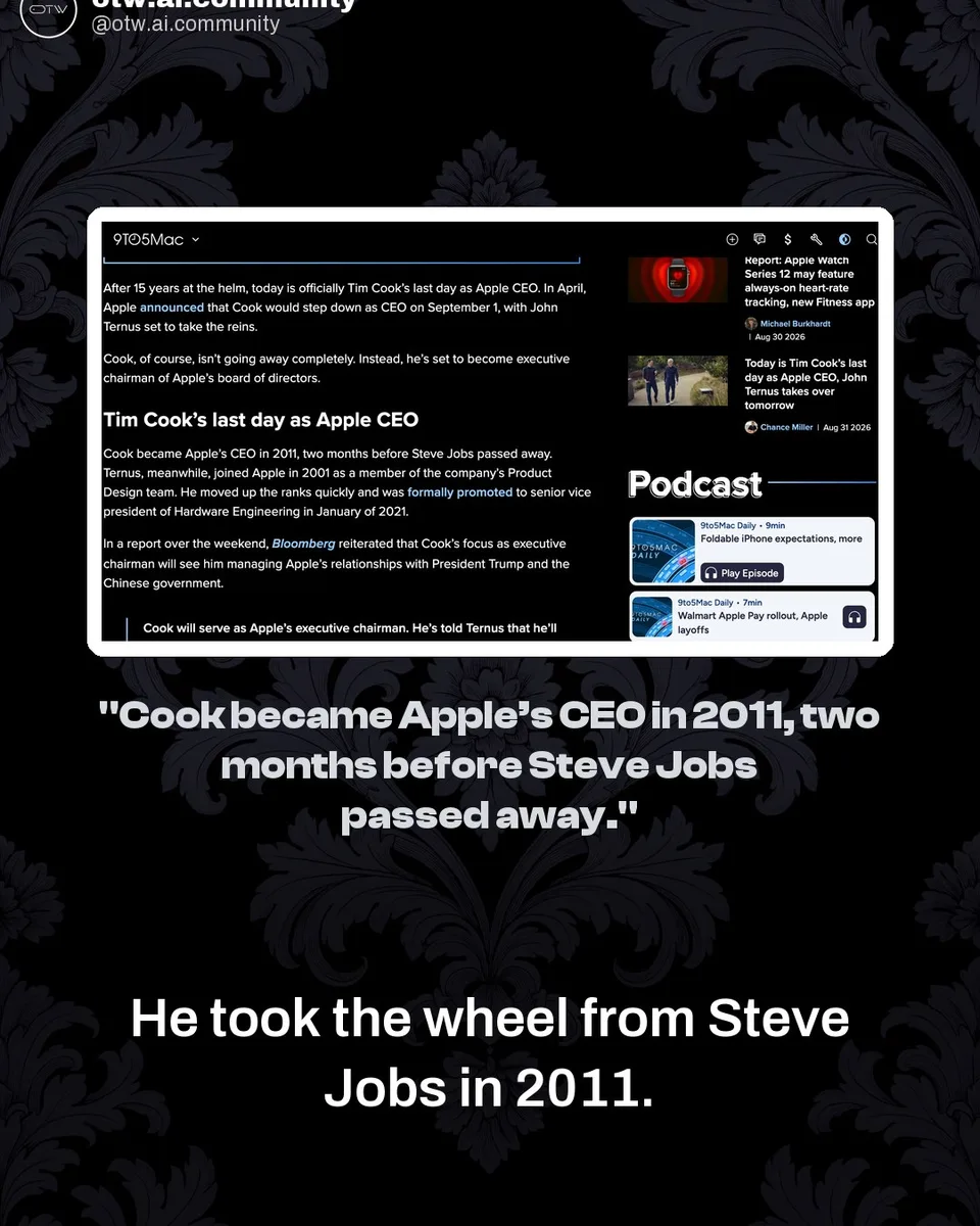 OTW, karuzela porady, slajd 3 z 7: John Ternus takes over Apple after Tim Cook's 15 years