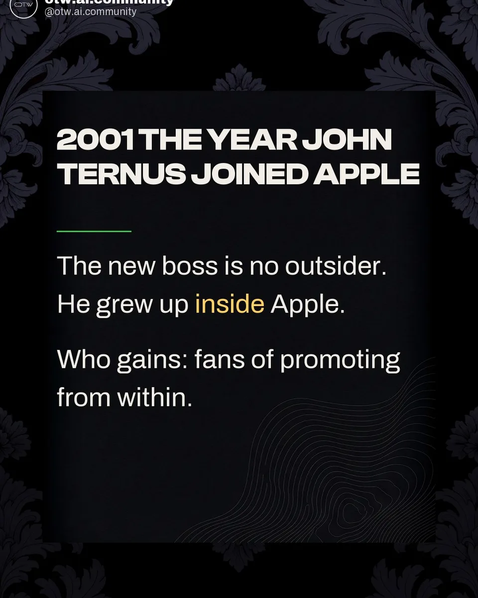 OTW, karuzela porady, slajd 5 z 7: John Ternus takes over Apple after Tim Cook's 15 years