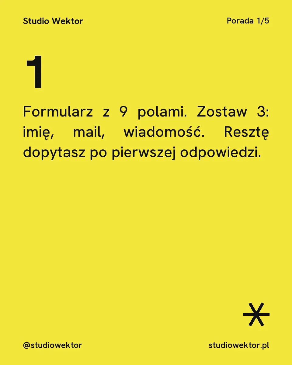 Pixel, karuzela porady, slajd 2 z 5: Formularz z 9 polami. Zostaw 3: imię, mail, wiadomość. Resztę dopytasz po pierwszej odpowiedzi.