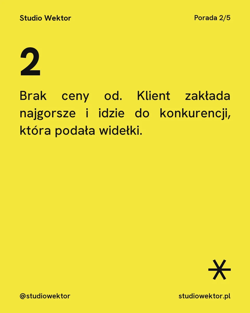 Pixel, karuzela porady, slajd 3 z 5: Brak ceny od. Klient zakłada najgorsze i idzie do konkurencji, która podała widełki.