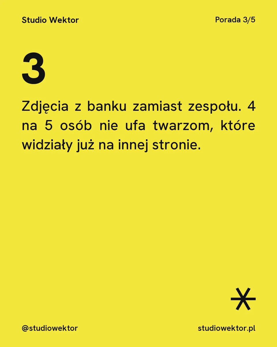Pixel, karuzela porady, slajd 4 z 5: Zdjęcia z banku zamiast zespołu. 4 na 5 osób nie ufa twarzom, które widziały już na innej stronie.